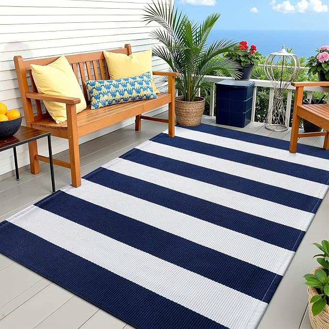OLANLY Navy and White Striped Rug 3' x 5' – Washable Cotton Indoor Outdoor Doormat for Front Door, Entryway, Kitchen, Porch, Patio Decor