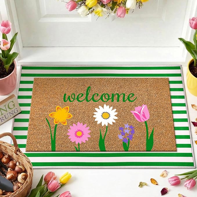 Moucuny 2 Pcs Spring Coir Doormat Outdoor Flower Welcome Outdoor Rug Front Porch Mats Layered Green and White Stripe Rugs for Spring Front Porch Entryway Decor