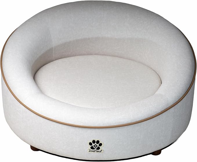 Human & Pet Shared Round Dog Bed, High Resilience Foam with Solid Pine Leg Frame, Indoor Pet Furniture(Cream Beige)