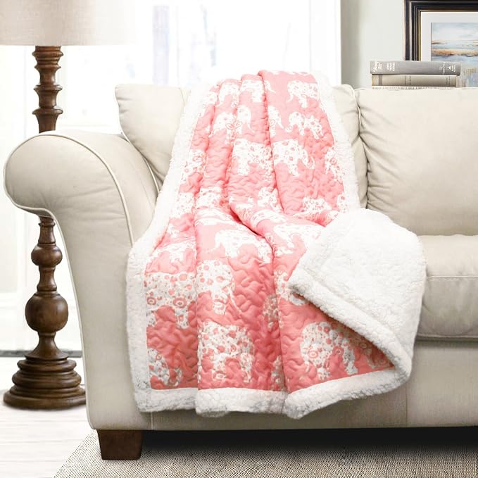 Lush Decor Elephant Parade Sherpa Throw Blanket 50" W x 60" L, Soft Gray - Elephant Blanket for Kids - Plush Throw Blankets for Bed - Couch Blankets