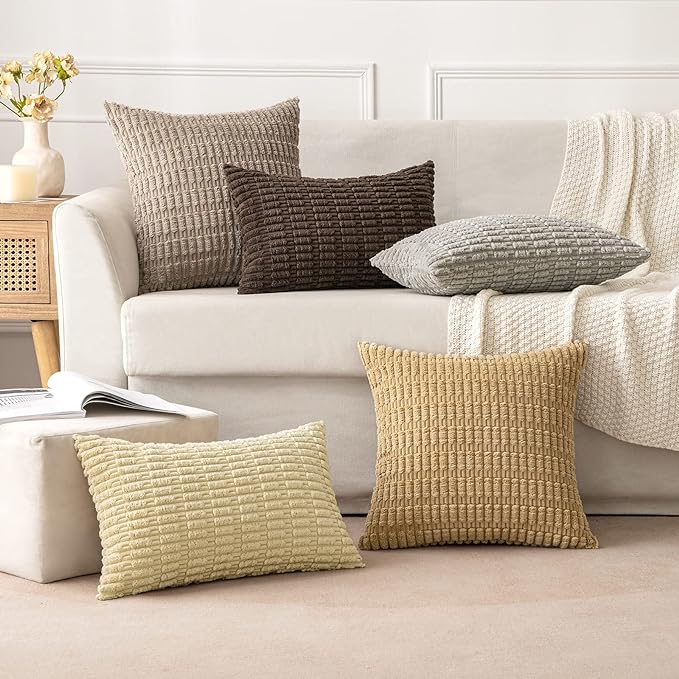 MIULEE Pack of 2 Corduroy Decorative Throw Pillow Covers 16x16 Inch Soft Boho Striped Pillow Covers Modern Farmhouse Home Decor for Sofa Living Room Couch Bed Dark Brown