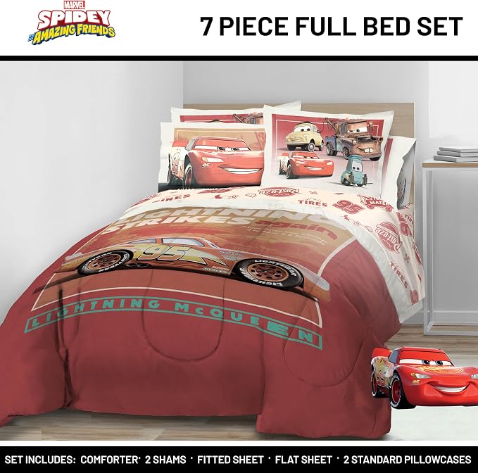 Jay Franco Kids Comforter Set Includes Sheets and Pillow Covers - Soft and Cozy Bed Set for Stylish Room Decor, Official Licensed Bedding, Red - Cars, 7 Piece Full