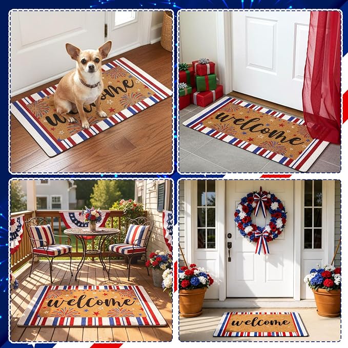 4th of July Patriotic artificial Coir Door Mat USA Red White Blue Stripe Welcome Mats 17x30 inches Star Fireworks Shell Fiber Rug Independence Memorial Day Doormat 250 Anniversary Indoor Outdoor Decor