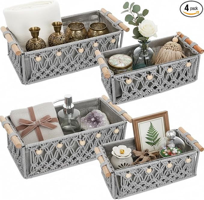 Vesici 4 Pcs Grey Macrame Storage Basket for Shelves 13 in 11 in Boho Storage Basket Hand Woven Boxes with Wood Handles Beads Decorative Countertop Toilet Tank Cabinet Organizer for Home Room Decor