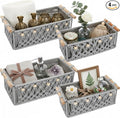 Vesici 4 Pcs Grey Macrame Storage Basket for Shelves 13 in 11 in Boho Storage Basket Hand Woven Boxes with Wood Handles Beads Decorative Countertop Toilet Tank Cabinet Organizer for Home Room Decor