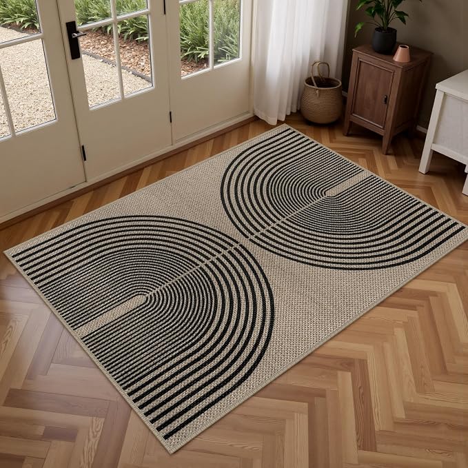 Rugalia Easy Jute Rainbow Indoor Outdoor Doormat, 2.6x4 Black Nature Boho Entryway Rug Washable Non-Slip Modern Kitchen Rug, Farmhouse Neutral Abstract Throw Rugs for Entrance Patio Porch