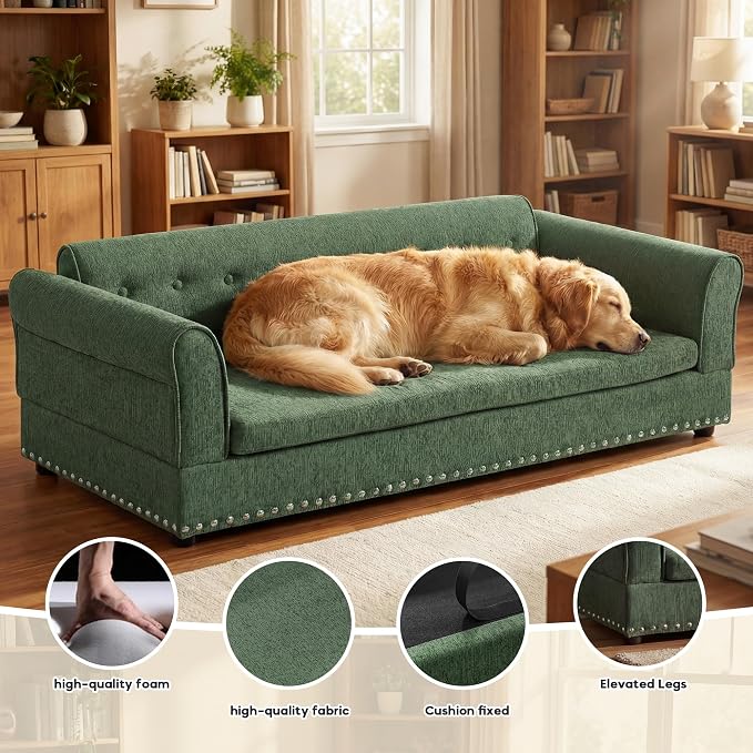 Elevated Dog Sofa for Medium to Large Dogs, Button Tufted Dog Couch Bed with Backrest and Armrests, Durable Memory Foam Pet Bed, Removable Cushion for Medium and Large Dogs, Green