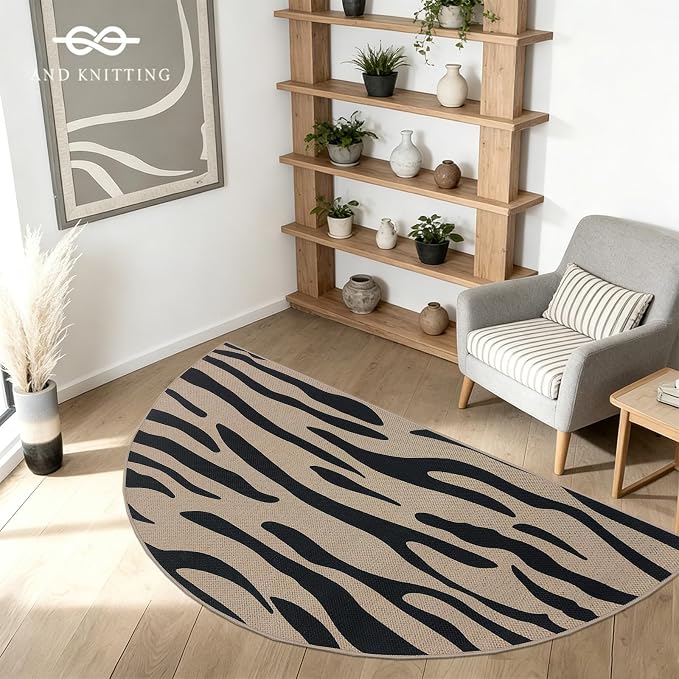 Half Round Easy Jute Rug 3x6Ft Zebra Stripe Carpet for Farmhouse Bedroom Carpet, Non-Slip Half Circle Thin Neutral Floor Mat for Living Room Patio Kids Room Kitchen, Indoor Outdoor, Black 5
