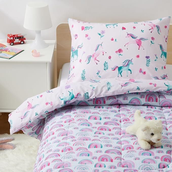 Amazon Basics Kids' 3-Piece Lightweight Cotton Shell Reversible Comforter Set with Pillow Sham, USTCP Certified, Twin, Unicorns and Rainbows