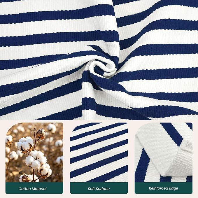 KOZYFLY 4x6 Blue and White Striped Rug Front Door Rug Woven Layered Washable Indoor Outdoor Rugs for Front Porch Kitchen Patio Farmhouse Independence Day Decor