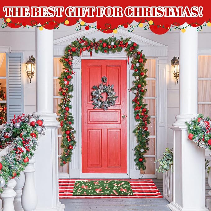 2 Pcs Outdoor Door Mat Combo Set Layered Outdoor Rug and Coir Welcome Doormat Non Slip Outside Floor Mat for Front Porch Entryway Patio Yard Decor(Candy Cane,24'' X 51',18'' X 28'')