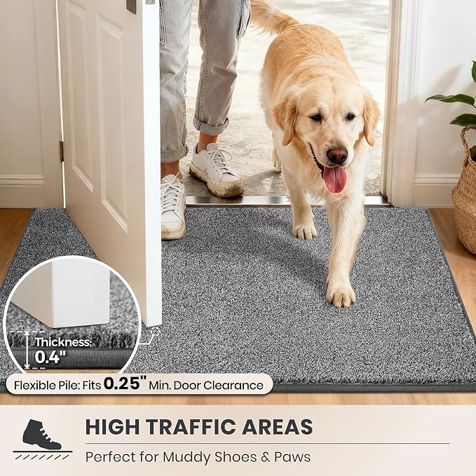 PURRUGS Easy Care Area Rug 4ft x 6ft, Non-Slip Machine Washable Entryway Rug, Dog Door Mat, Stain Resistant Accent Rug for Hallway, Living Room, Bedroom and Mudroom, Light Grey-Dark Grey