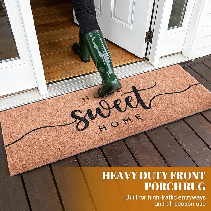 Home Sweet Home Long Doormat for Double Door Entrance, 24x59 Inch | Extra Large Heavy Duty Front Porch Rug with Non Slip PVC Backing, Oversized Decorative Mat for Indoor Outdoor Entryway