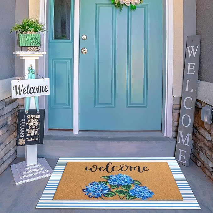 Tinideya 2 Pcs Hydrangea Door Mat Blue and White Stripe Welcome Non Slip Flower Coir Mats Floor Layering Floral Doormats Seasonal for Front Porch Entryway Decor(Blue Flower)