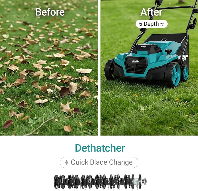 Cordless Lawn Dethatcher and Scarifier Compatible with Makita 18V Battery | Tool Only, 15" Electric Brushless Dethatcher, 36V Dual Battery Powered, Air Boost Technology, 12-Gal Collection Bag, 5 Depths