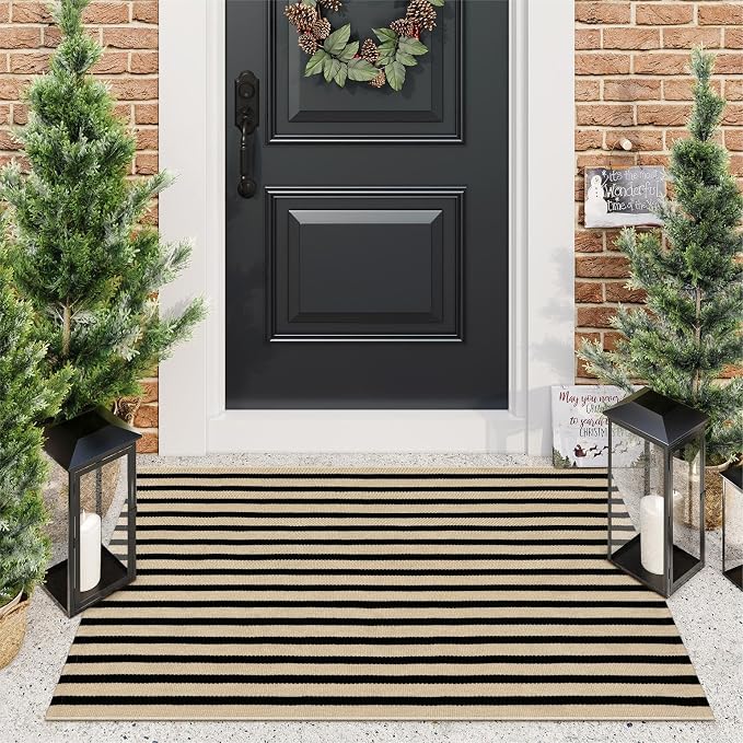 KIMODE Striped Outdoor Rug 27.5x43 Inches, Machine Washable Fall Front Porch Rug, Black and Khaki Front Door Mats, Hand Woven Welcome Layered Doormat Entryway Rug for Entrance, Doorway