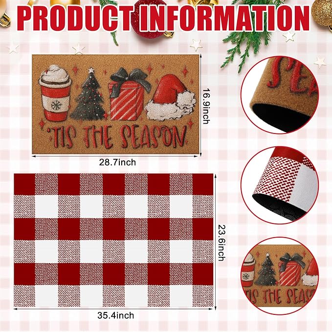 Tinideya 2 Pcs Christmas Layered Doormat Set, Tis the Season Welcome Mat and Red White Plaid Layering Rug, Xmas Front Porch Decorations for Entryway Doorway Outdoor