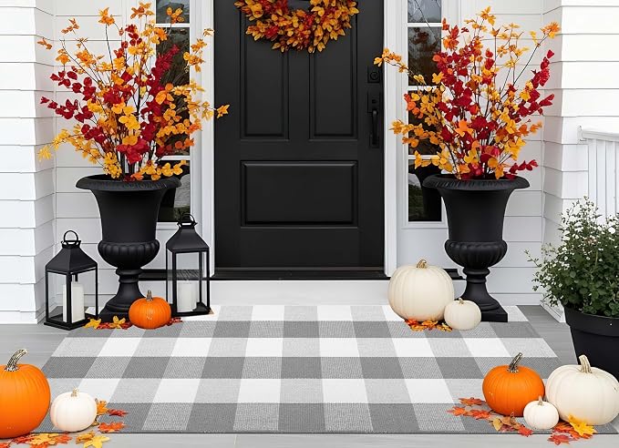 Grey and White Front Porch Rug 2'X4.3' Buffalo Plaid Outdoor Rug Cotton Woven Washable Indoor Outdoor Area Rug for Welcome Door Mat Entryway Dining Room Bedroom Living Room