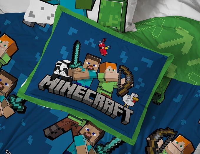 Jay Franco Minecraft Full Comforter Set - 7 Piece Bedding Includes Sheet Set & Pillow Covers - Super Soft Kids Bedding Creeper & Zombie