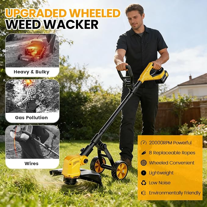 14-Inch Cordless String Trimmer with Wheels, 2x3.0Ah 21V Battery Powered Weed Eater, Electric Lawn Mower Weed Wacker, Brush Cutter Grass Trimmer for Garden Yard