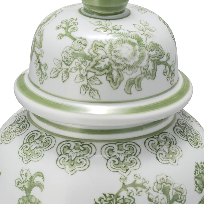 Temple Decorative Jar with Lid – Chinoiserie Ceramic Decorative Stoneware for Home Decor – Modern Centerpiece for Living Room, Bedroom & Office – 14.25", Green & White