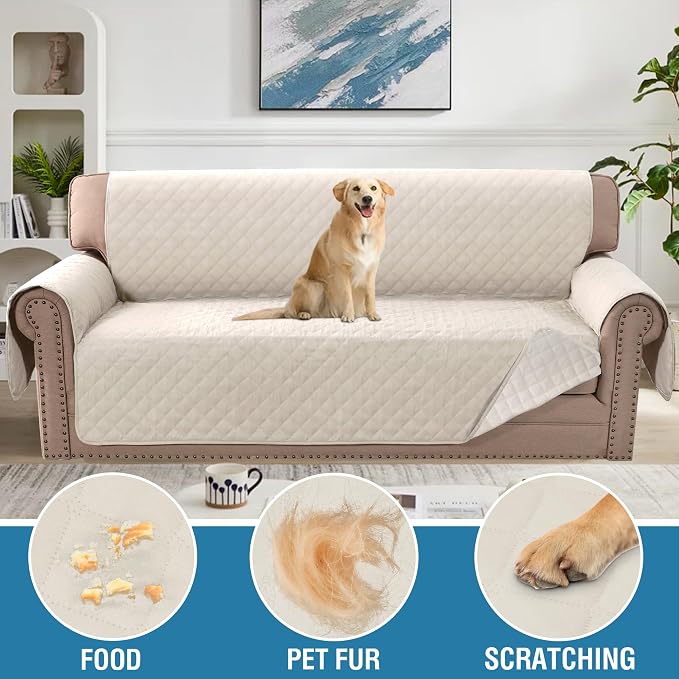 H.VERSAILTEX Sofa Covers for 3 Cushion Couch, Dog Couch Protector, Furniture Covers for Pets, 100% Waterproof Cover with Non-Skid Backing & Elastic Straps(Sofa, Coconut Milk)