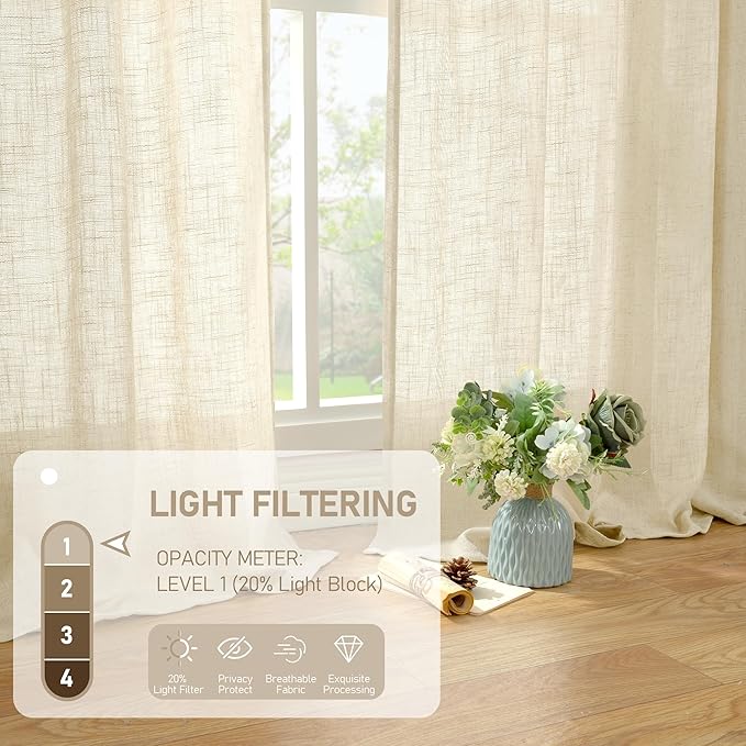 LAMIT Extra Wide Linen Curtains for Bedroom, Natural Light Filtering Faux Linen Textured Panels Semi Sheer Back Tab and Rod Pocket Boho Drapes for Living Room/Farmhouse, 2 Panels, Beige, 60 x 84 Inch