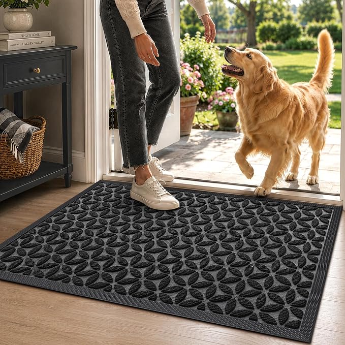 DEXI Front Door Mat Outside Entrance, 17x30 Heavy Duty Entry Doormat Dirt Trapper with Rubber Back, Non Slip Low Profile Floor Mats for Entryway Exterior Patio, Hexafoil Floral