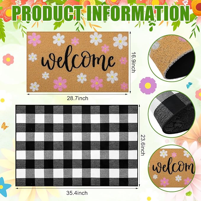 Tinideya 2 Pcs Spring Welcome Door Mat Outdoor Pink Flower Doormats for Front Door Non Slip Floral Layered Coir Mat Black White Check Spring Rug for Outside Front Porch Entryway Decor