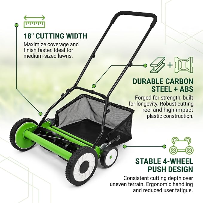 Garvee 4-Wheel Push Lawn Mower Manual Reel Grass Cutter Carbon Steel ABS