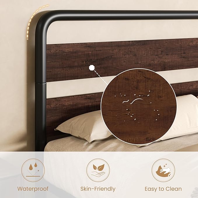 SHA CERLIN King Size Metal Bed Frame with Wooden Headboard and Footboard, Heavy Duty Platform Bed Frame with 10" Under-Bed Storage, Noise-Free, No Box Spring Needed, Mahogany