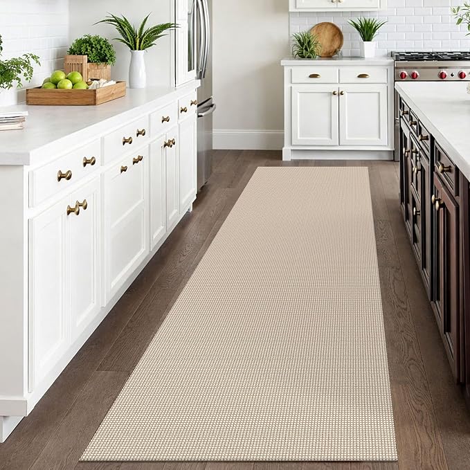 IOHOUZE Washable Runner Rug 3x10 Non Slip Rubber Backed Long Hallway Runner Entryway Runner Indoor, Kitchen Rugs Woven Cotton Floor Carpet for Hall Entrance, Cream/Beige