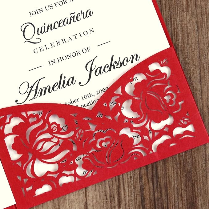 DORIS HOME Laser Cut Quinceanera Invitation Pockets, Red, 5"x7" | 50pcs, With Envelopes, For Birthday, Miss 15, Sweet 16, No Inserts Included