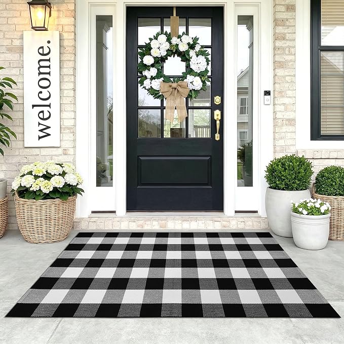 KOZYFLY Buffalo Plaid Area Rugs 3x5 Ft Black and White Checkered Rug Washable Front Door Mat Hand Woven Cotton Outdoor Rug Large Rug for Front Porch Kitchen Entryway Patio Bathroom