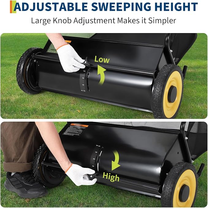 PeakPursuit Heavy-Duty Push Lawn Sweeper 26 Inch - 4 Spinning Brushes, 7Ft³ Large Capacity Collection Bag, Adjustable Height for Grass, Leaves & Debris On All Terrains