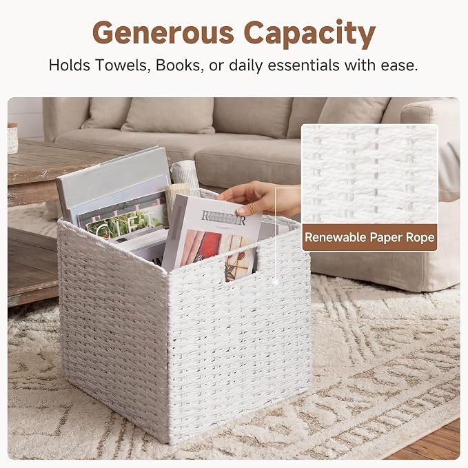 StorageWorks 13 inch Wicker Storage Baskets,White Wicker Baskets,Foldable | 2-Pack,Handwoven Baskets for Organizing,Paper Rope Square Storage Cubes,Organizer Baskets,Wicker Storage Cubes,Square Baskets