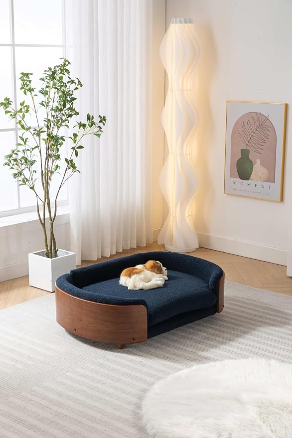 Scandinavian Style Elevated Dog Bed Pet Sofa with Solid Wood Legs and Bent Wood Back, Velvet Cushion, Large Size, Walnut Frame & Dark Blue Cushion