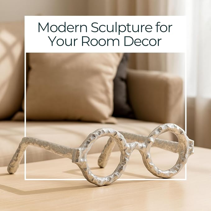 Round Glasses Decorative Object – Aluminum Sculpture Modern Home Decor Ornament – Shelf Styling & Coffee Table Decor for Bathroom, Office & Living Room – 7"x3", Silver