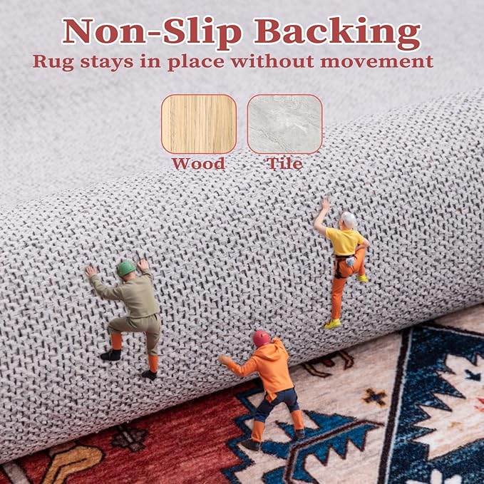 SERISSA 7x9 Area Rugs for Living Room, Large Washable Non-Slip Boho Rug, Ultra Soft Vintage Rust Oriental Tribal Print Distressed Carpet for Dining Room Bedroom Dorm Office Home Decor