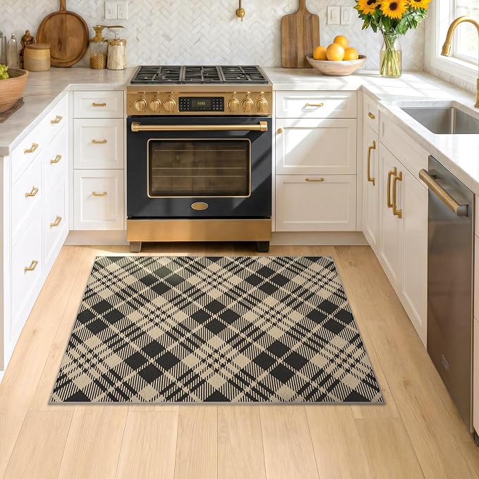3x4 Entryway Door Mat Indoor – Washable Non Slip Small Rug for Front Door, Kitchen Sink, Mudroom, Garage Entry, Low Profile Easy Clean Farmhouse Plaid Floor Mat