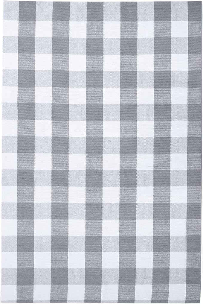 KOZYFLY Buffalo Plaid Area Rug 4x6 Ft Checkered Rug Washable Cotton Outdoor Rugs for Bedroom Gray and White Front Door Mat Carpet for Front Porch Living Room Dining Room Kitchen