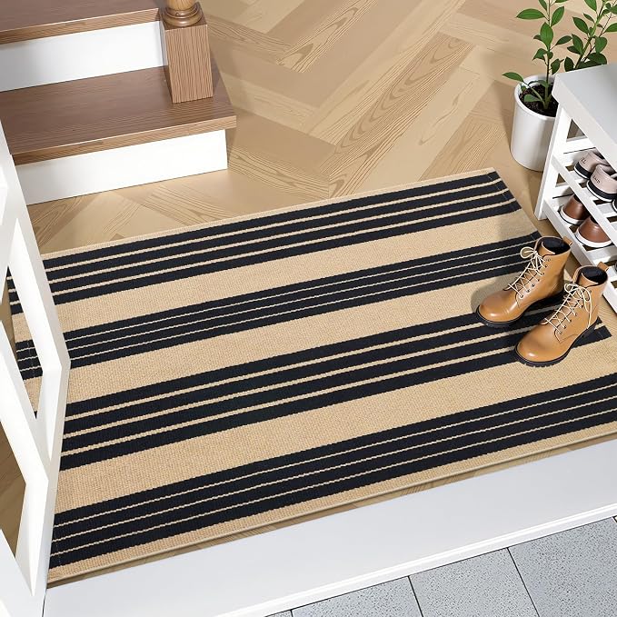 OLANLY Brown and Black Classic Striped Rug 2'4" x 3'7" (27.5" x 43") – Washable Cotton Indoor Outdoor Doormat for Front Door, Entryway, Kitchen, Porch, Patio Decor