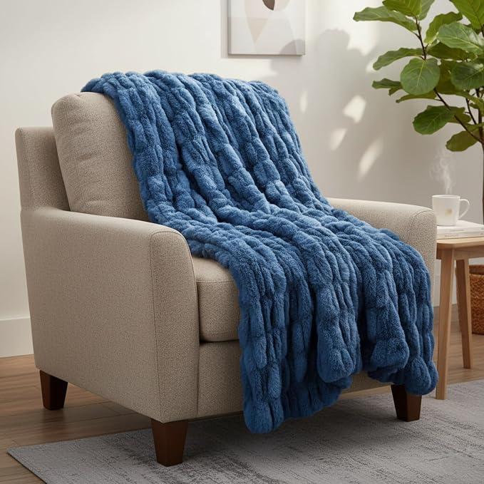 Lavish Home Oversized Ruched Faux Fur Blanket, Blue, 60” x 80” | Plush Polyester Faux Fur Queen-Size Throw for Sofas and Beds - Luxurious Bedding