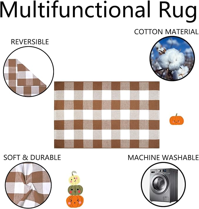 Homydecor Buffalo Plaid Outdoor Rugs, 28'' x 43'' Coffe and White Checkered Area Rug, Layering Rug for Hello/Welcome Door Mat, Washable Cotton Woven Farmhouse Mat for Front Porch Décor