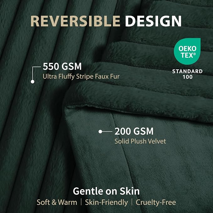 DEZ FURNISHINGS Luxury Reversible Textured Stripe Faux Fur & Velvet Throw Blanket, Throw XL (50" x 70"), Deep Forest Green