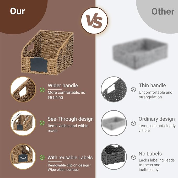 Wicker Baskets for Organizing, Pantry Baskets with Built-in Handles, Handwoven Wicker Storage Basket, Paper Storage Bins for Shelves, Small - 2pcs, Brown