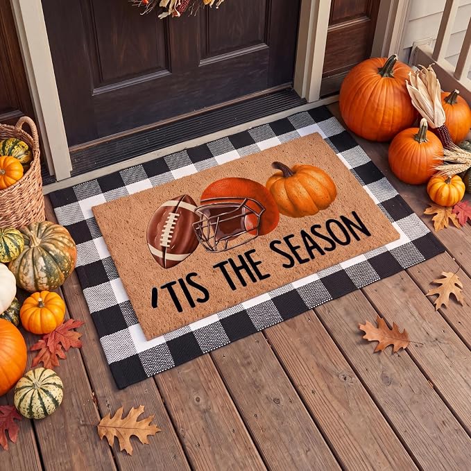 Moucuny 2 Pcs Fall Coir Doormat Outdoor Its The Season Football Doormat with Black and White Plaid Outdoor Rug Non Slip Mats for Autumn Entrance Porch Front Decor, 24'' x 35'', 16'' x 28''