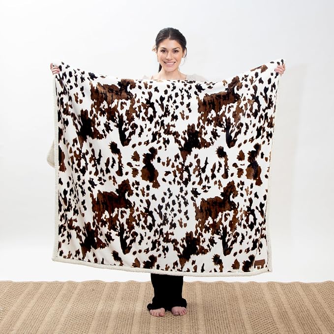 Carstens, Inc. Wrangler Ultra Premium Super Soft Plush Sherpa Fleece Oversized Throw Blanket 54" x 68", Tri-Color Cowhide
