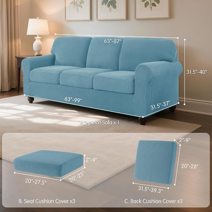 SUBRTEX 7 Pieces Stretch Sofa Slipcover,Couch Cover for 3 Cushion Washable Sofa Cover with Individual Backrest Cushion Covers for Living Room(Large,Steel Blue)