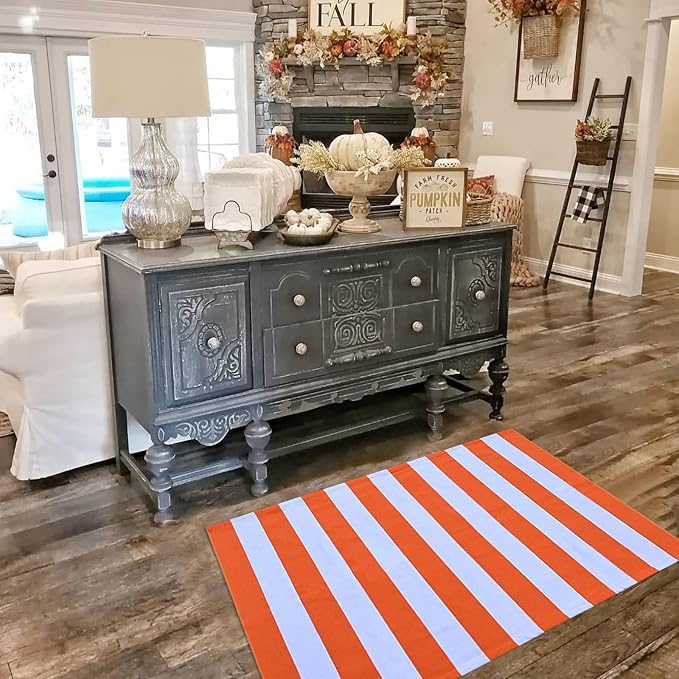 CAINANEL Fall Outdoor Rug Orange and White Striepd Rug 3' x 5' Front Door Mat Halloween Thanksgiving Fall Autumn Home Decor, Layerd Welcome Doormat for Front Porch Decor, Front Door, Farmhouse Decor